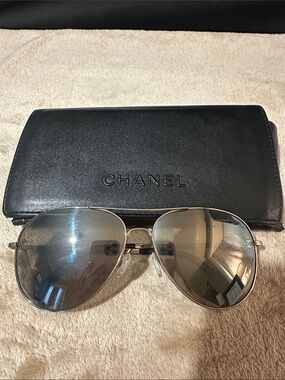 CHANEL Silver Aviator Sunglasses with Black Case